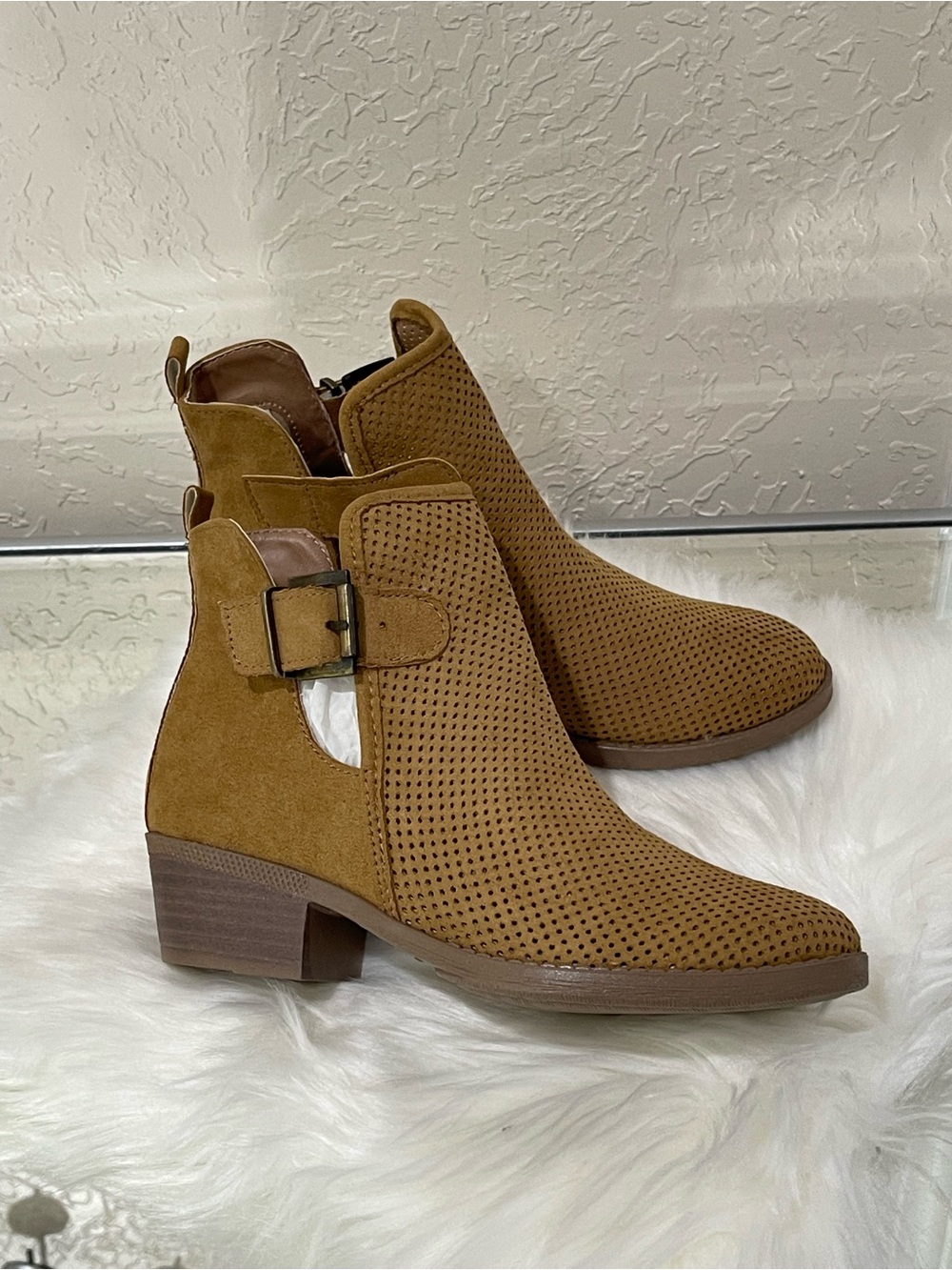 ANDREA  Perforated Suede Cutout Ankle Boots - Camel